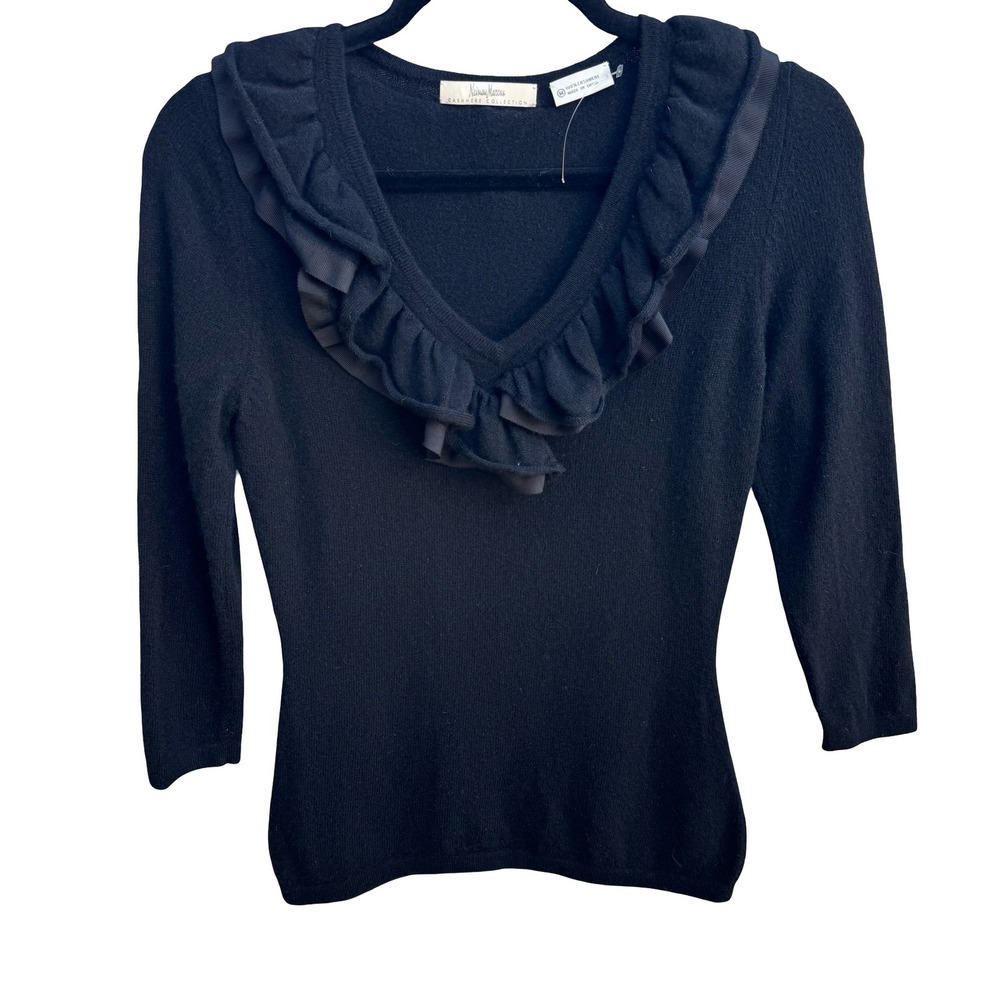 Neiman Marcus Cashmere Coquette Balletcore Quiet Luxury Ruffle V-Neck Sweater M